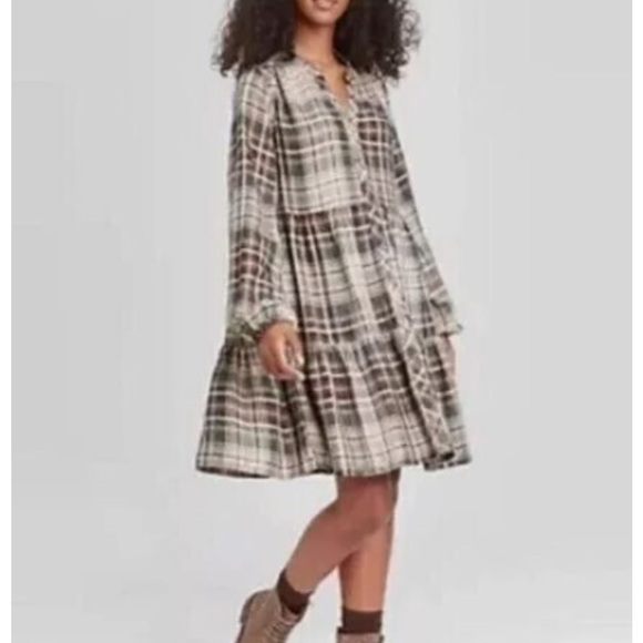 Target Dresses & Skirts - Target Plaid Tiered Shirt Dress in Cream, Black, Brown